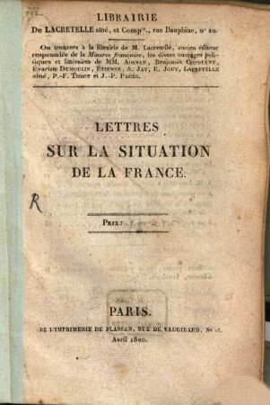 Lettres sur la situation de la France