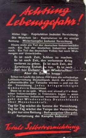 Abwurf-Flugblatt der Alliierten mit dem Aufruf zur bedingungslosen Kapitulation unter Verweis auf die Überlegenheit der alliierten Luftwaffe