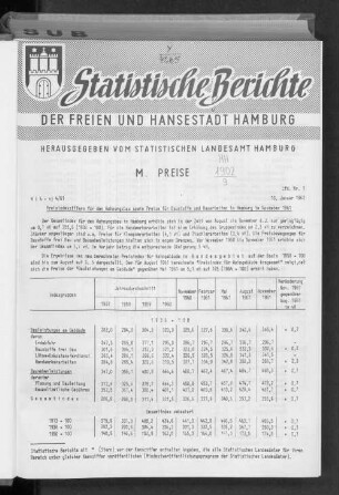 Preisindexziffern für den Wohnungsbau sowie Preise für Baustoffe und Bauarbeiten in Hamburg im November 1961 : Lfd. Nr. 1