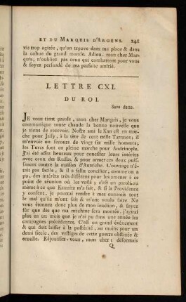 241-260, Lettre CXI. du Roi.-Lettre CXIX. du Marquis D'Argens.