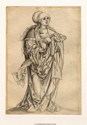 Magdalena, stehend, nach rechts, das Salbgefäß mit beiden Händen haltend