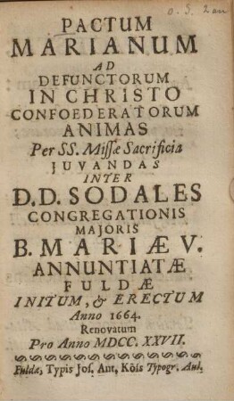 Pactum Marianum ad defunctorum in Christo confoederatorum ...