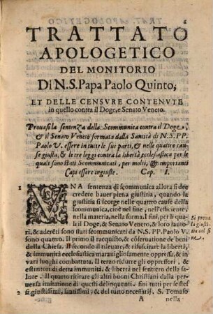 Trattato apologetico del monitorio della Santità de N. Sig. Papa Paolo V.