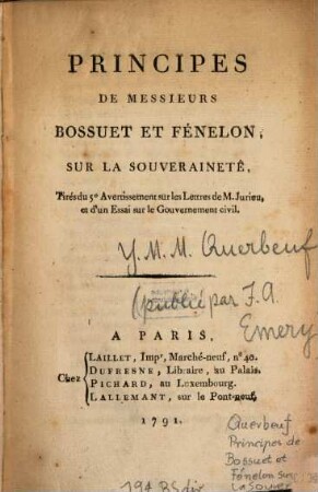 Principes de Messieurs Bossuet et Fénélon sur la souveraineté