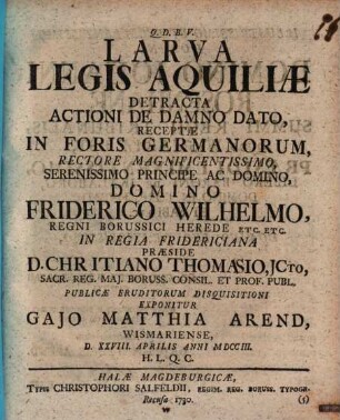 Larva Legis Aquiliae Detracta Actioni De Damno Dato, Receptae In Foris Germanorum