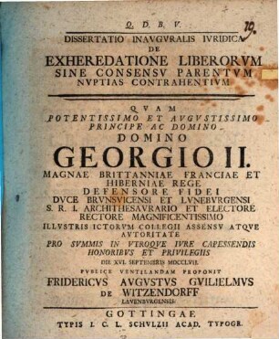 Dissertatio inauguralis iuridica de exheredatione liberorum sine consensu parentum nuptias contrahentium