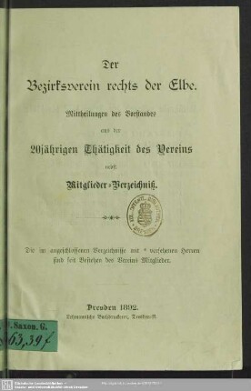 Der Bezirksverein rechts der Elbe : Mittheilungen des Vorstandes aus der 20jährigen Thätigkeit des Vereins nebst Mitglieder-Verzeichniß