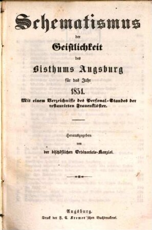 Schematismus der Geistlichkeit des Bistums Augsburg : für das Jahr .... 1854, 1854
