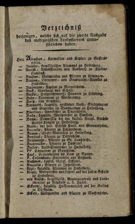 Verzeichniß derjenigen, welche sich, auf die zweite Ausgabe des medizinischen Landpfarrers unterschrieben haben.
