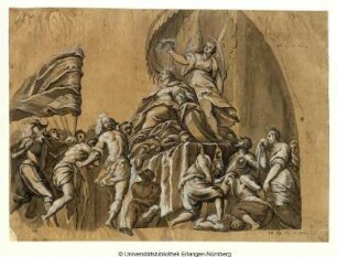 Krönung einer erhöht thronenden Fürstin (allegorische Figur) durch einen Engel. Von links drängen Krieger mit einer Fahne heran. Rechts vorn Gefangene