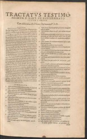 Tractatus Testimoniorum D. Bart. De Saxoferrato ... Cum additionibus D. Thomae Diplovatarii ...
