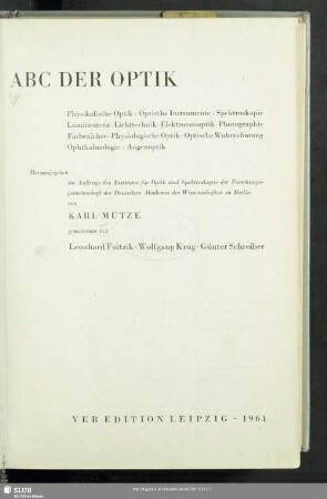 ABC der Optik : physikalische Optik, optische Instrumente, Spektroskopie...