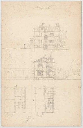 Thiersch, August ; München - Nymphenburg, Zuccalistr. 11 - 13; Doppelhaus Parseval - Wolff - Grundrisse, Ansichten