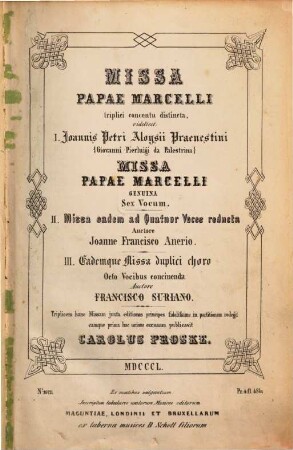 Missa Papae Marcelli : triplici concentu distincta, videlicet
