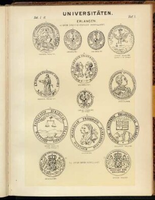 Taf. 7. Erlangen. a) Unter Brandenburger Herrschaft. b) Unter Bayer. Herrschaft. 1. Professoren. - 2. Universität. - 3. Universität.- 4. Universität. - 5. Universität. - 6. Jurist. Facultät. (kl. Stempel). - 7. Theolog. Facultät. - 8. Jurist. Facultät (gröss. u. ält. Stempel) - 9. Medicin. Facultät. - 10. Jurist. Facultät. (Jüng. Stempel) - 11. Philosoph. Facultät. - 12. Universität. - 13. Medicin. Facultät