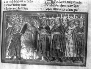 Rudolf von Ems, Weltchronik — Moses bringt die neuen Gesetzestafeln, Folio 68recto