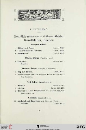 I. Abteilung. Gemälde moderner und älterer Meister. Kunstblätter, Bücher (Nr. 1-210)