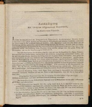 Ankündigung des zweyten Allgemeinen Repertorii; an Statt einer Vorrede