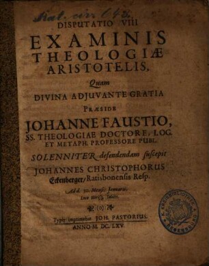 Disputatio VIII Examinis Theologiae Aristotelis
