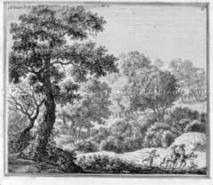 Hügelige Landschaft mit Bäumen und reitendes Paar mit Hund (dahinter laufender Knabe) - Blatt e aus einer Folge Landschaften, quadratisch