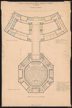 Völkerbundpalast, Genf: Großer Saal und Generalsekretariat, Grundriss EG 1:200