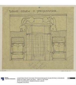 Darmstadt, Zimmereinrichtungen für Gustav Römheld, vorbereitende Skizze zum Salon, Aufriss der Wand nach dem Speisezimmer