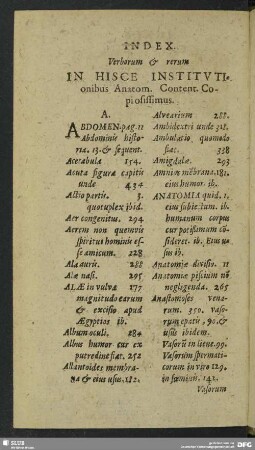 Index Verborum & rerum In Hisce Institutionibus Anatom. Content. Copiosissimus