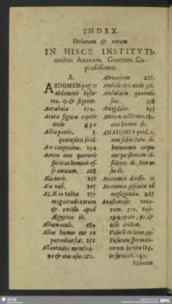 Index Verborum & rerum In Hisce Institutionibus Anatom. Content. Copiosissimus