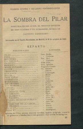 La sombra del Pilar : zarzuela en dos actos, el segundo dividido en tres cuadros y un intermedio