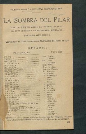 La sombra del Pilar : zarzuela en dos actos, el segundo dividido en tres cuadros y un intermedio