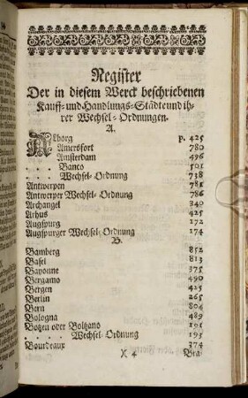 Register Der in diesem Werck beschriebenen Kauff- und Handlungs- Städten und ihrer Wechsel- Ordnungen.