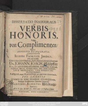 Dissertatio Inauguralis De Verbis Honoris, Vulgo von Complimenten