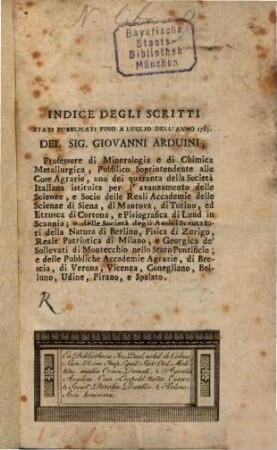 Indice degli scritti ... a. 1785