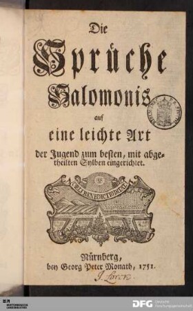 Die Sprüche Salomonis : auf eine leichte Art der Jugend zum besten, mit abgetheilten Sylben eingerichtet