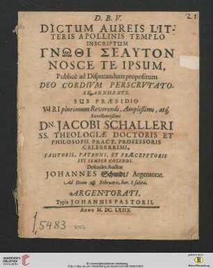 Dictum Aureis Litteris Apollinis Templo Inscriptum Gnōthi Seauton Nosce Te Ipsum