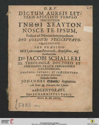 Dictum Aureis Litteris Apollinis Templo Inscriptum Gnōthi Seauton Nosce Te Ipsum