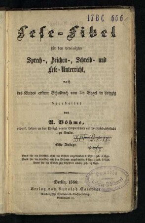 Lese-Fibel für den vereinigten Sprech-, Zeichen-, Schreib- und Lese-Unterricht