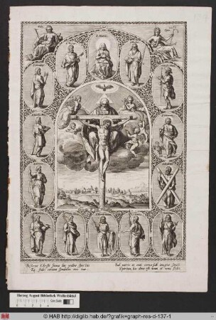 Christus am Kreuz, umgeben von den Aposteln, Maria, Spes und Fides.