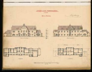Stationsgebäude Monatskonkurrenz Mai 1900: Grundriss Erdgeschoss, Obergeschoss, Aufriss Straßenansicht, Gleisansicht mit vertikalem Fassadenschnitt 1:200; Maßstabsleiste