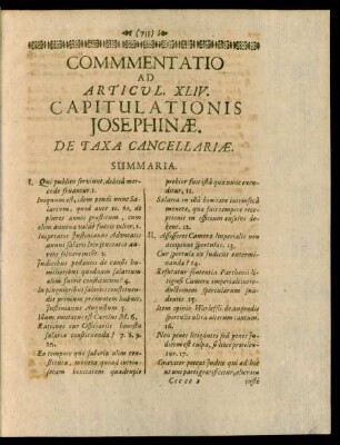 Commentatio Ad Articul. XLIV. Capitulationis Josephinae. De Taxa Cancellariae