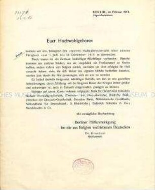 Euer Hochwohlgeboren - Begleitschreiben mit Spendenersuchen zum Halbjahresbericht der Berliner Hilfsvereinigung für die aus Belgien vertriebenen Deutschen