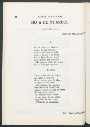 Hoja de mi árbol : Baguala. Editorial Melograf