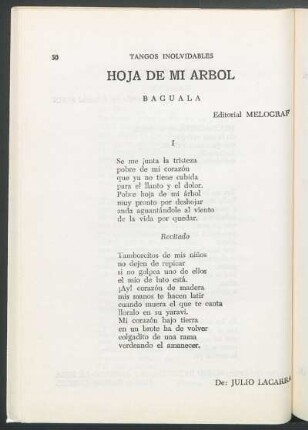 Hoja de mi árbol : Baguala. Editorial Melograf