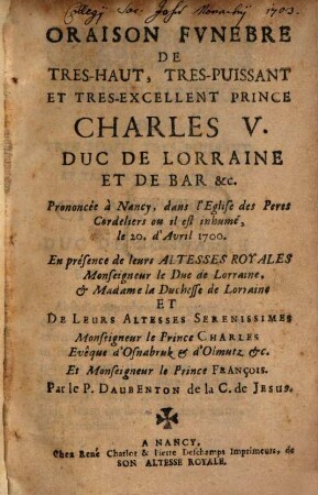 Oraison funebre de Charles V. duc de Lorraine