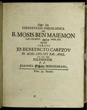 Exercitatio Philologica Ad R. Mosis Ben Maiemon Cap. VII. Hilc. ... Num. XVI.