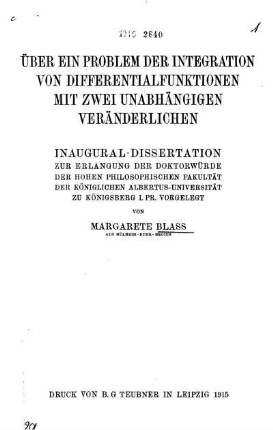 Über ein Problem der Integration von Differentialfunktionen mit zwei unabhängigen Veränderlichen