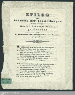 Epilog zum Schlusse der Vorstellungen in dem bisherigen königl. Schauspielhause zu Dresden nach der Darstellung von Lessing´s Minna von Barnhelm gesprochen