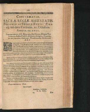 Confirmatio Sacrae Regiae Maiestatis Poloniae Ac Svecie Regis...