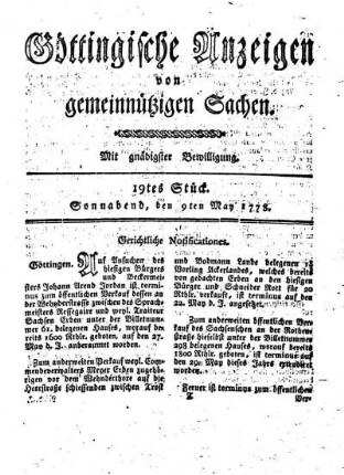 19tes Stück. Sonnabend, den 9ten May 1778.
