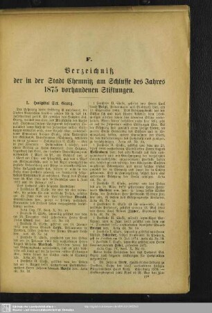 F. Verzeichniß der in der Stadt Chemnitz am Schlusse des Jahres 1875 vorhandenen Stiftungen